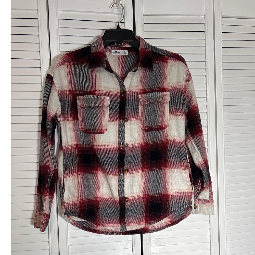 Hollister Boyfriend Fit Flannel Shirt Red BlackWhite Plaid Cotton Small 340S2191
